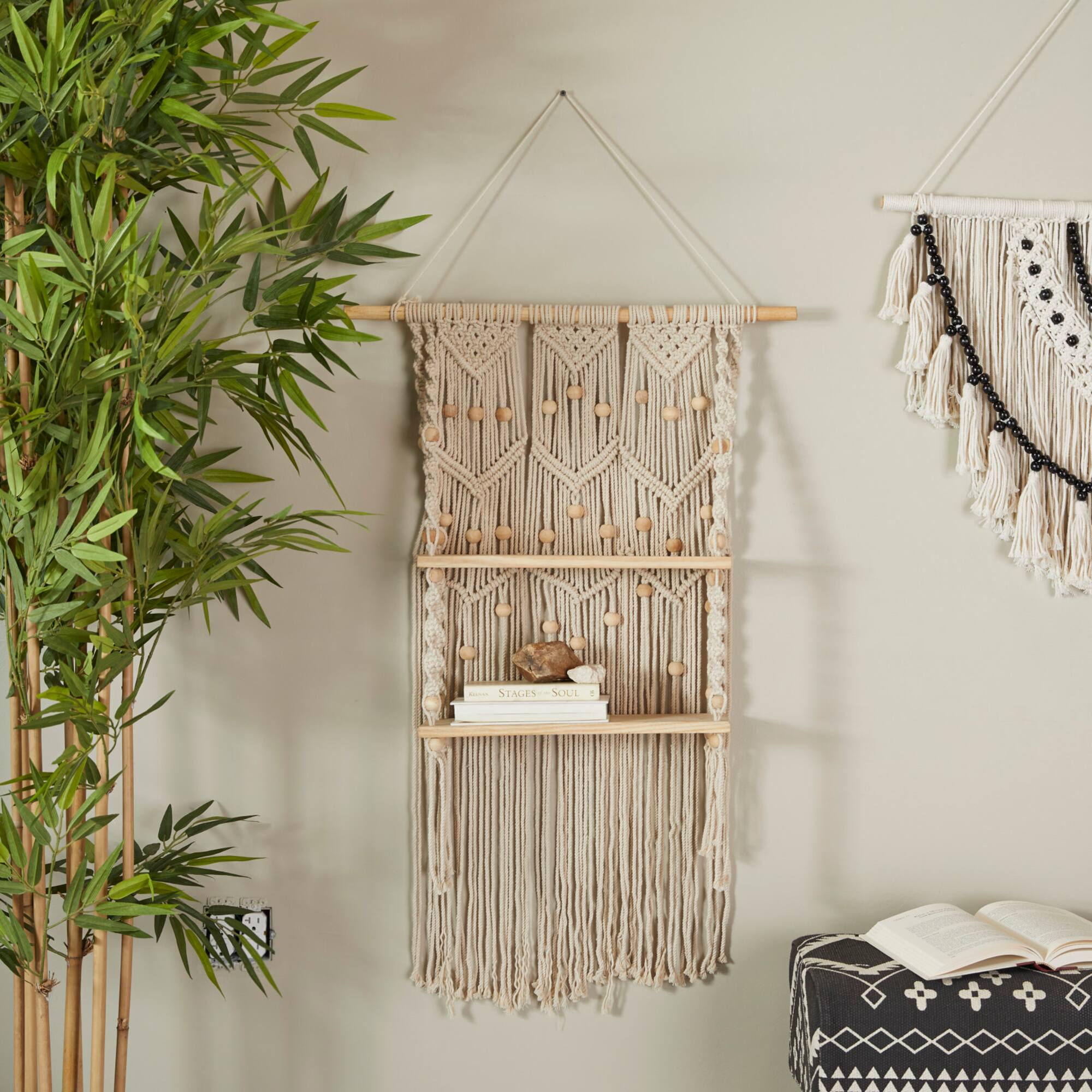 White Cotton Handmade 2 Shelves Macrame Wall Shelf 25" x 6" x 49"